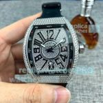 Copy Franck Muller Vanguard V45 Diamond Watch Silver Case Black Leather